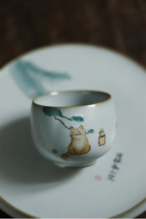 Ru Yao Celadon "Contented Kitty Cat" Hand-Painted Cup