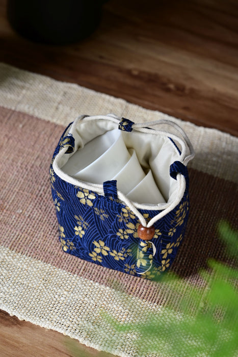 Gold Blossoms on Blue Fabric Teapot Cozy