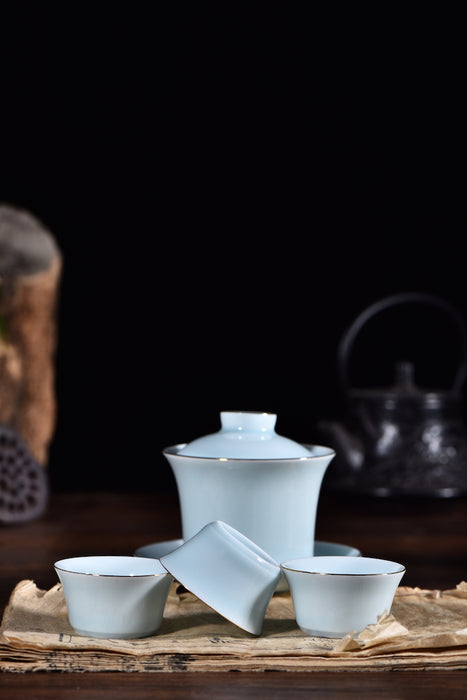 "Silver Lining" Porcelain Gaiwan with Matching Cups and Cloth Carrier Bag - Yunnan Sourcing Tea Shop