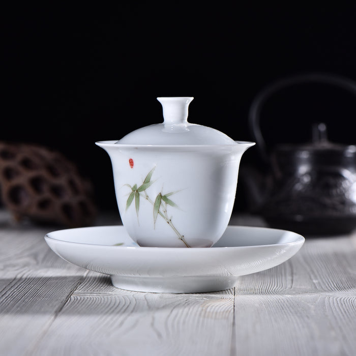 "Bamboo on White" Gaiwan and Tea Boat for Elegant Gong Fu Tea Brewing