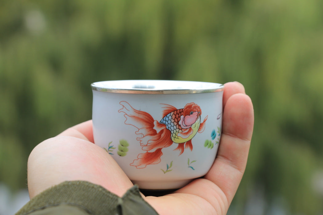 "Goldfish" Jingdezhen and Pure Silver Cup Set