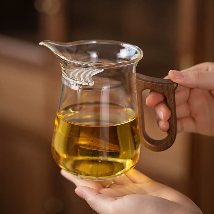 Wood Handle Glass Cha Hai with Built-In Strainer