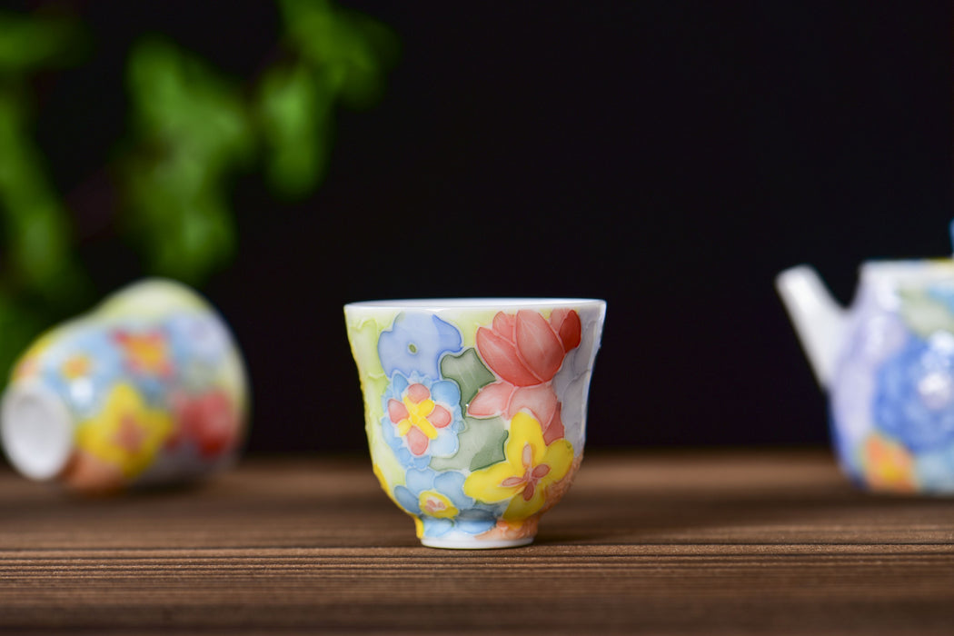 “Spring Garden” Raised Enamel Porcelain Teapot and Tea Cups
