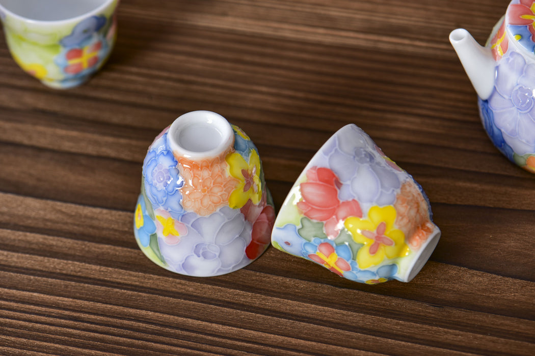 “Spring Garden” Raised Enamel Porcelain Teapot and Tea Cups
