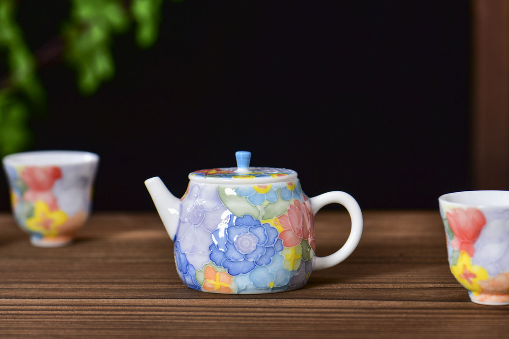 “Spring Garden” Raised Enamel Porcelain Teapot and Tea Cups
