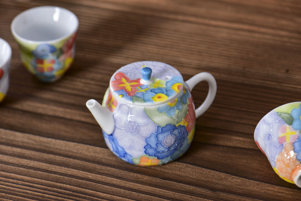 “Spring Garden” Raised Enamel Porcelain Teapot and Tea Cups