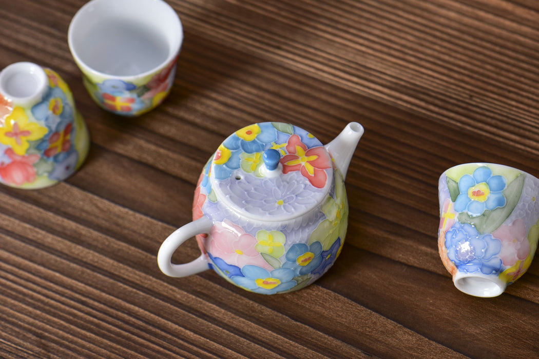 “Spring Garden” Raised Enamel Porcelain Teapot and Tea Cups