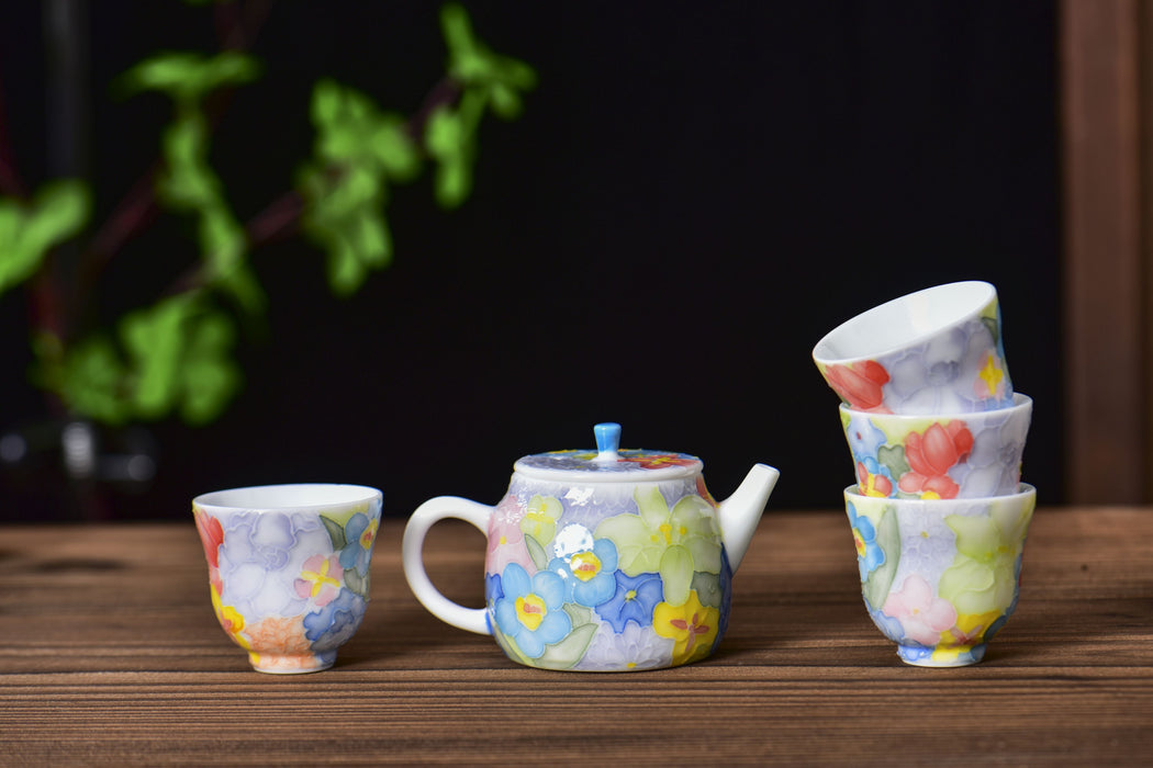 “Spring Garden” Raised Enamel Porcelain Teapot and Tea Cups