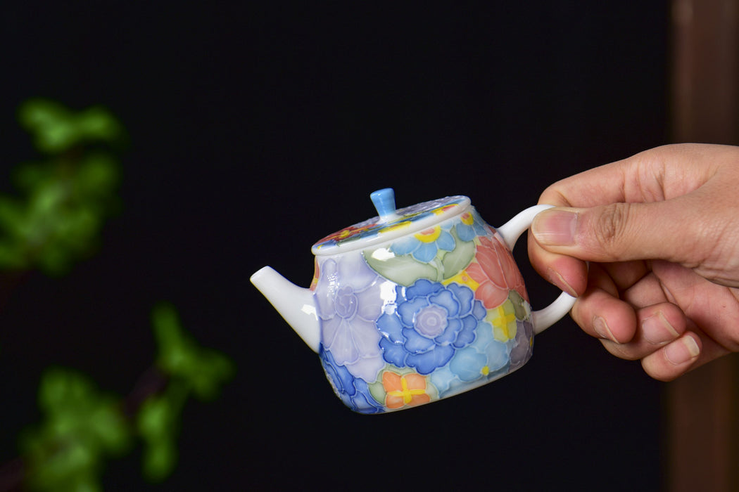“Spring Garden” Raised Enamel Porcelain Teapot and Tea Cups
