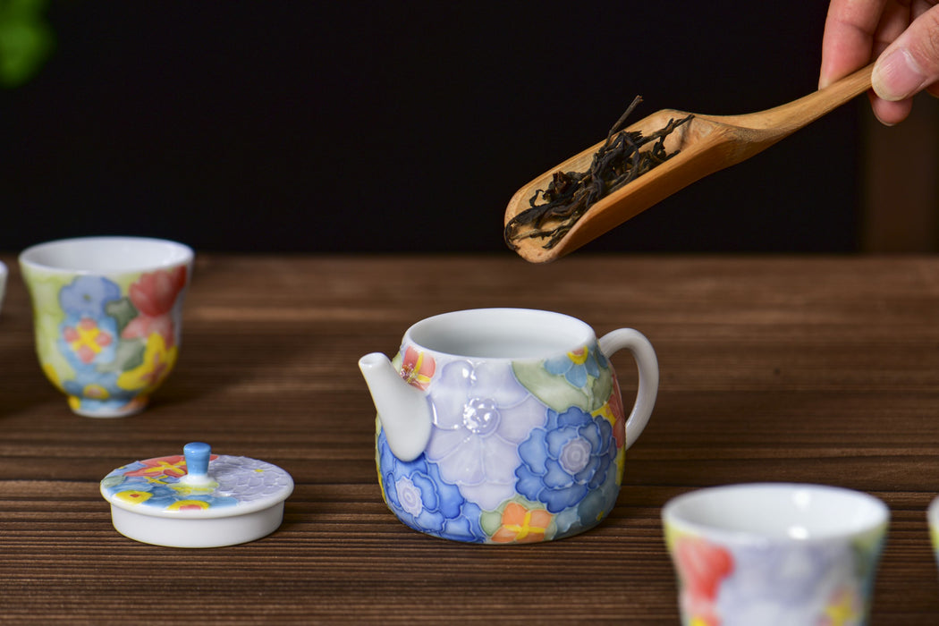 “Spring Garden” Raised Enamel Porcelain Teapot and Tea Cups