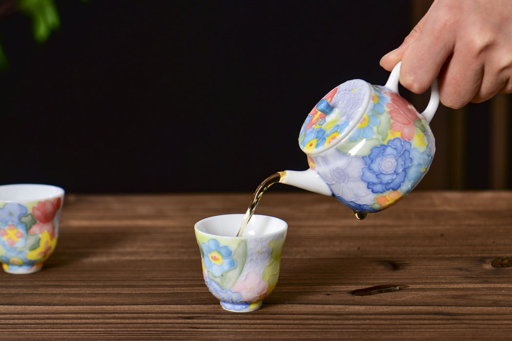 “Spring Garden” Raised Enamel Porcelain Teapot and Tea Cups