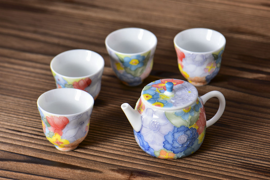 “Spring Garden” Raised Enamel Porcelain Teapot and Tea Cups