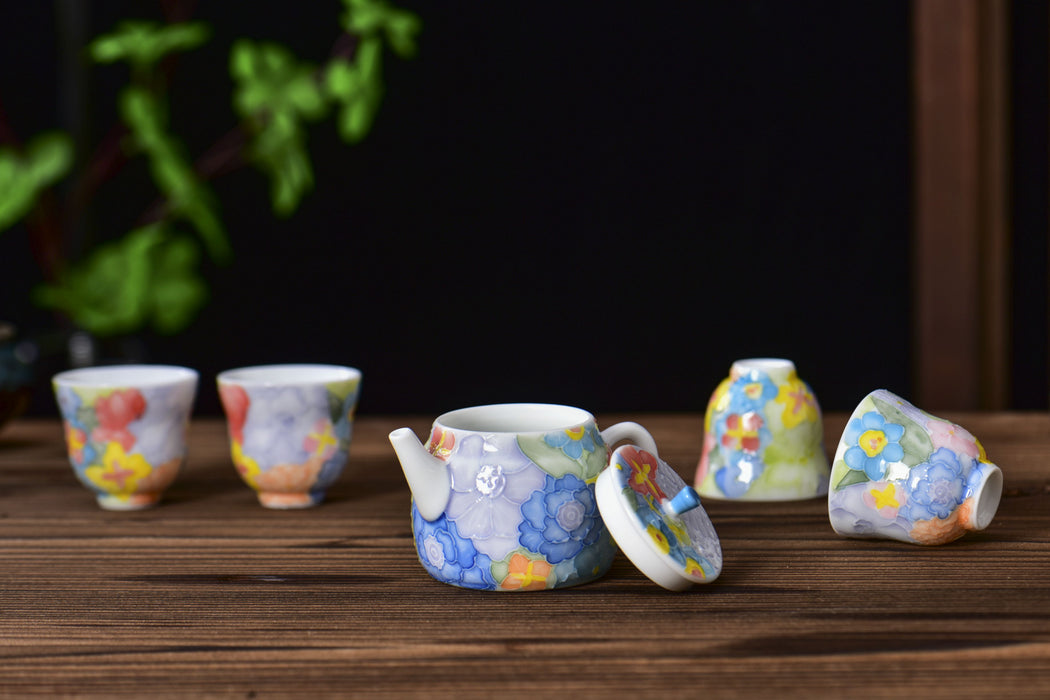 “Spring Garden” Raised Enamel Porcelain Teapot and Tea Cups
