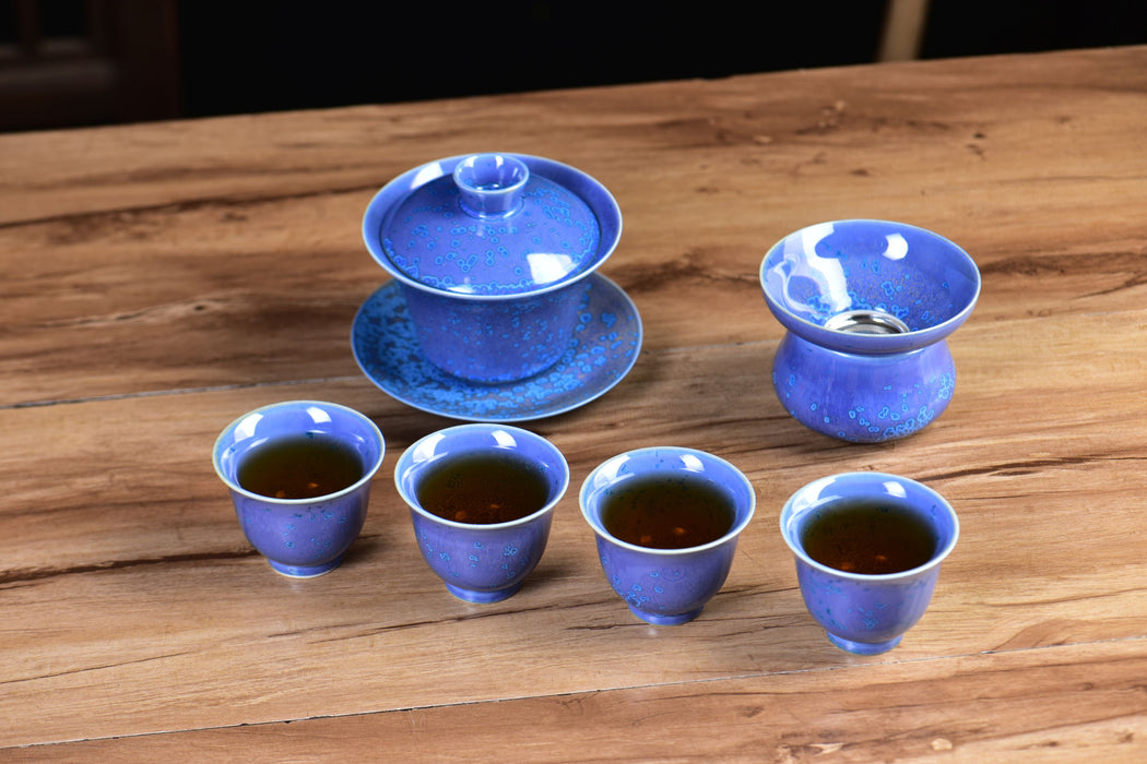 Blue Blossom Glazed Porcelain Gaiwan and Tea Cup Set with Strainer | Yunnan Sourcing Tea Shop