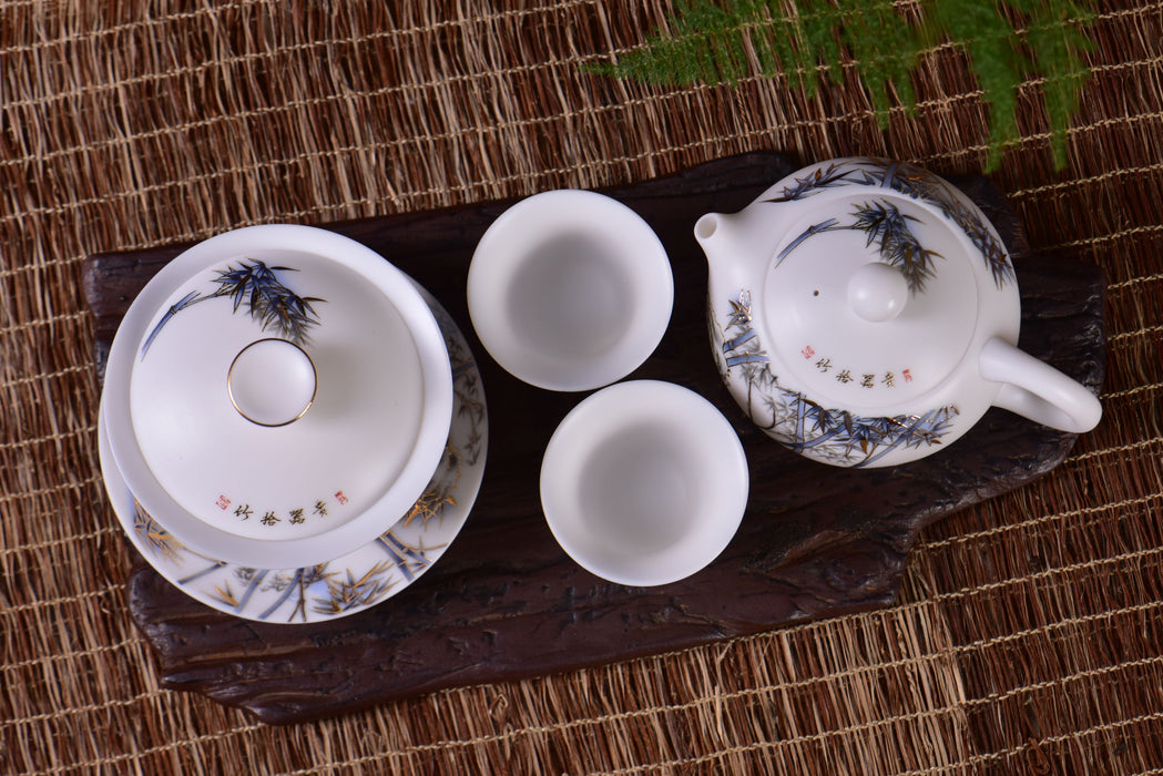 Mutton Fat Jade Porcelain "Blue and Gold Bamboo" Tea Set