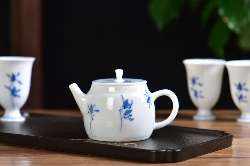Blue Orchid Pedestal Jingdezhen Porcelain Teapot and Cups Set | Yunnan Sourcing Tea Shop