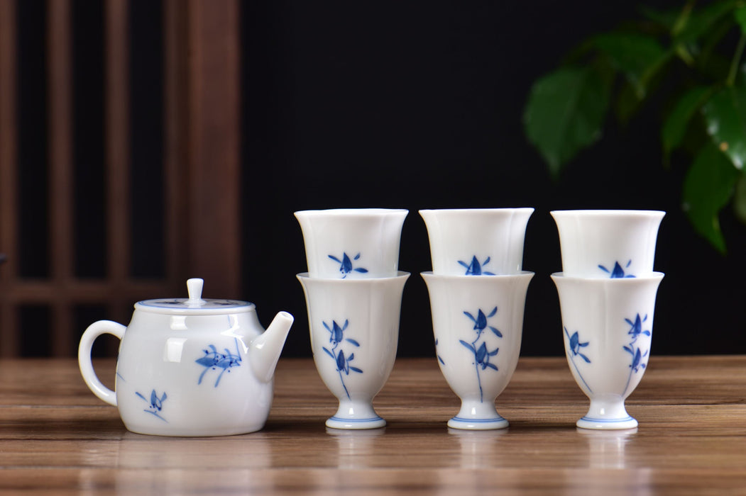 Blue Orchid Pedestal Jingdezhen Porcelain Teapot and Cups Set | Yunnan Sourcing Tea Shop