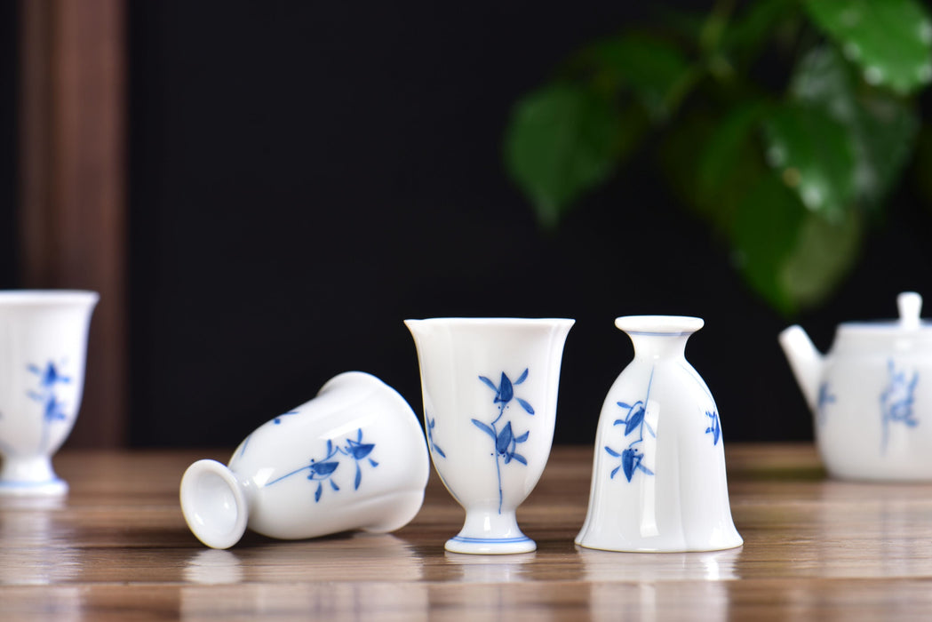 Blue Orchid Pedestal Jingdezhen Porcelain Teapot and Cups Set | Yunnan Sourcing Tea Shop