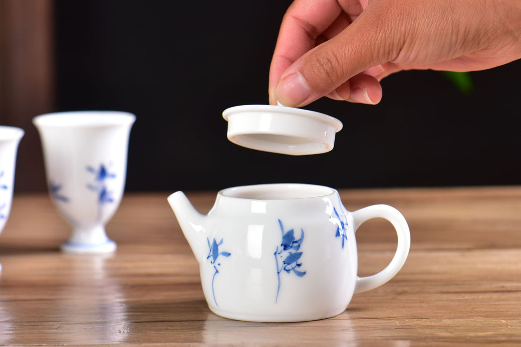 Blue Orchid Pedestal Jingdezhen Porcelain Teapot and Cups Set | Yunnan Sourcing Tea Shop