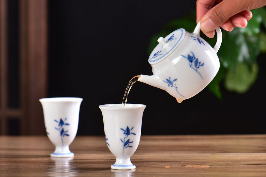 Blue Orchid Pedestal Jingdezhen Porcelain Teapot and Cups Set | Yunnan Sourcing Tea Shop
