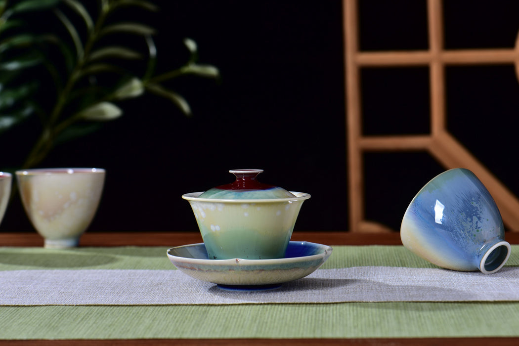 "Crimson Pool" Multi-Color Wood-Fired Kiln Glaze Gaiwan and Cups | Yunnan Sourcing Tea Shop