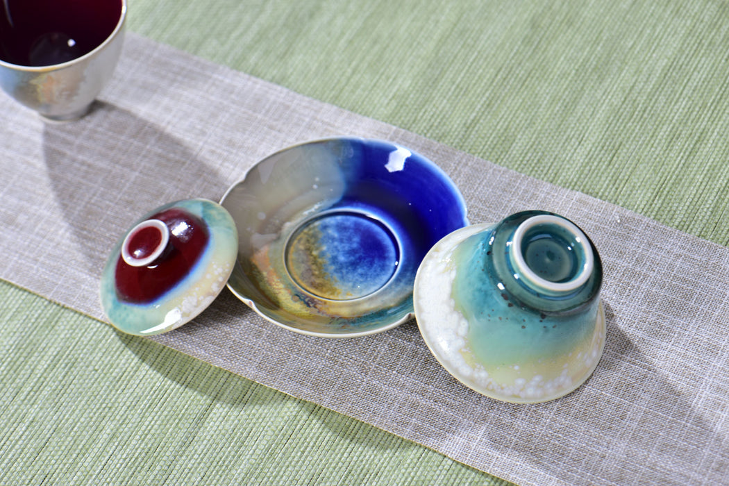 "Crimson Pool" Multi-Color Wood-Fired Kiln Glaze Gaiwan and Cups | Yunnan Sourcing Tea Shop
