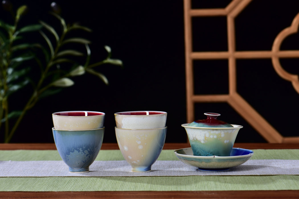 "Crimson Pool" Multi-Color Wood-Fired Kiln Glaze Gaiwan and Cups | Yunnan Sourcing Tea Shop