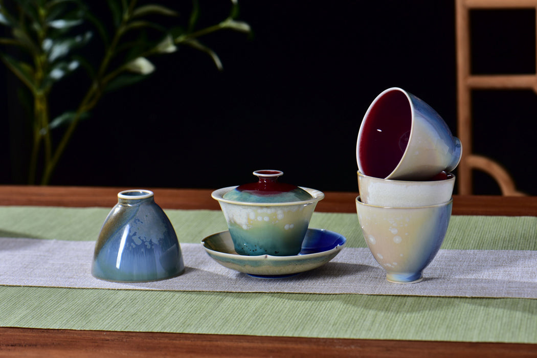 "Crimson Pool" Multi-Color Wood-Fired Kiln Glaze Gaiwan and Cups | Yunnan Sourcing Tea Shop