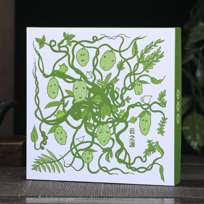 Pu-erh tea gift box with green plant design on a white background, placed on a wooden surface with a dark background.