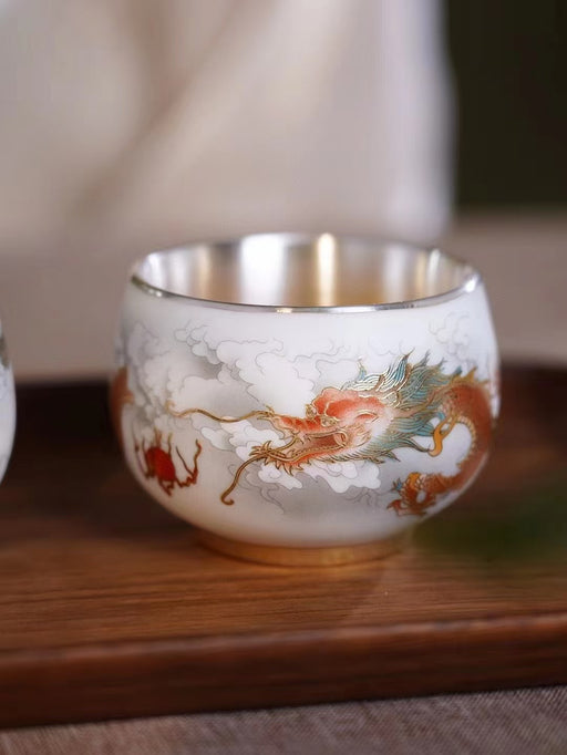 "Dragon" Pure 999 Silver and Mutton Fat Jade Porcelain Cup | Yunnan Sourcing Tea Shop