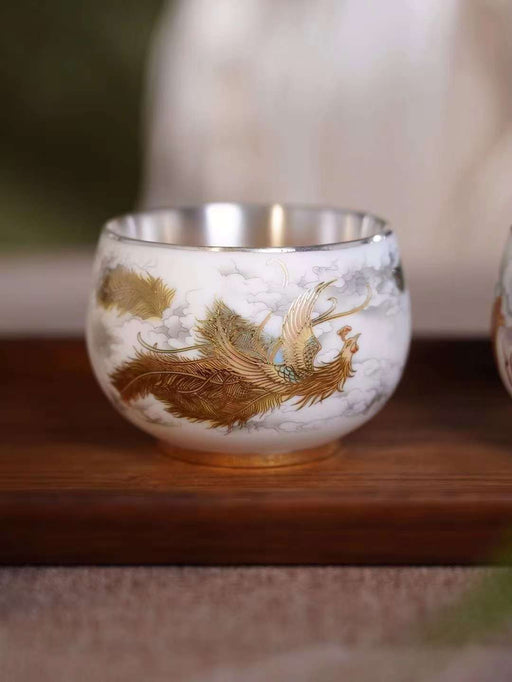 "Phoenix" Pure 999 Silver and Mutton Fat Jade Porcelain Cup | Yunnan Sourcing Tea Shop