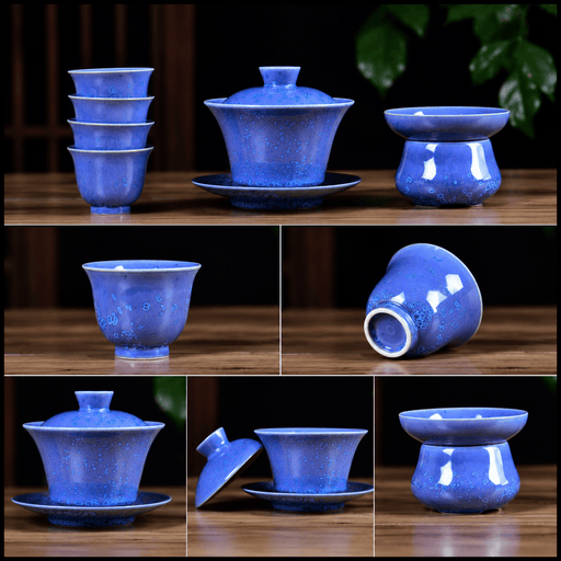 Blue Blossom Glazed Porcelain Gaiwan and Tea Cup Set with Strainer | Yunnan Sourcing Tea Shop