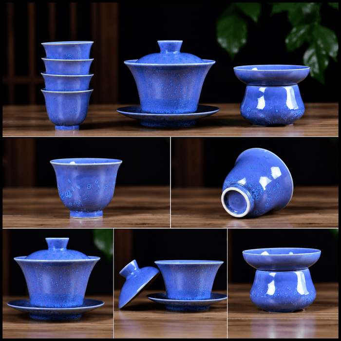 Blue Blossom Glazed Porcelain Gaiwan and Tea Cup Set with Strainer | Yunnan Sourcing Tea Shop