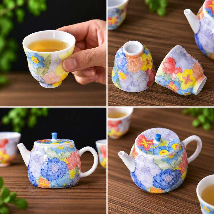 “Spring Garden” Raised Enamel Porcelain Teapot and Tea Cups