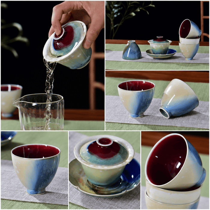 "Crimson Pool" Multi-Color Wood-Fired Kiln Glaze Gaiwan and Cups | Yunnan Sourcing Tea Shop