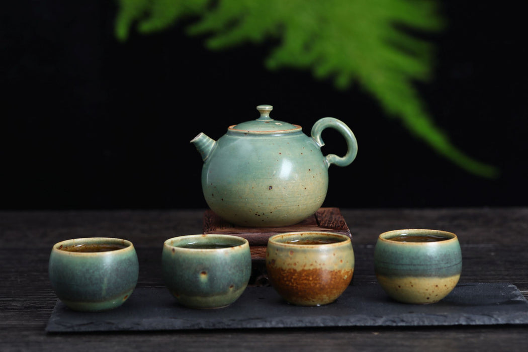 Fei Cui Glazed "Turquoise Desert" Bug Bitten Teapot and Cups