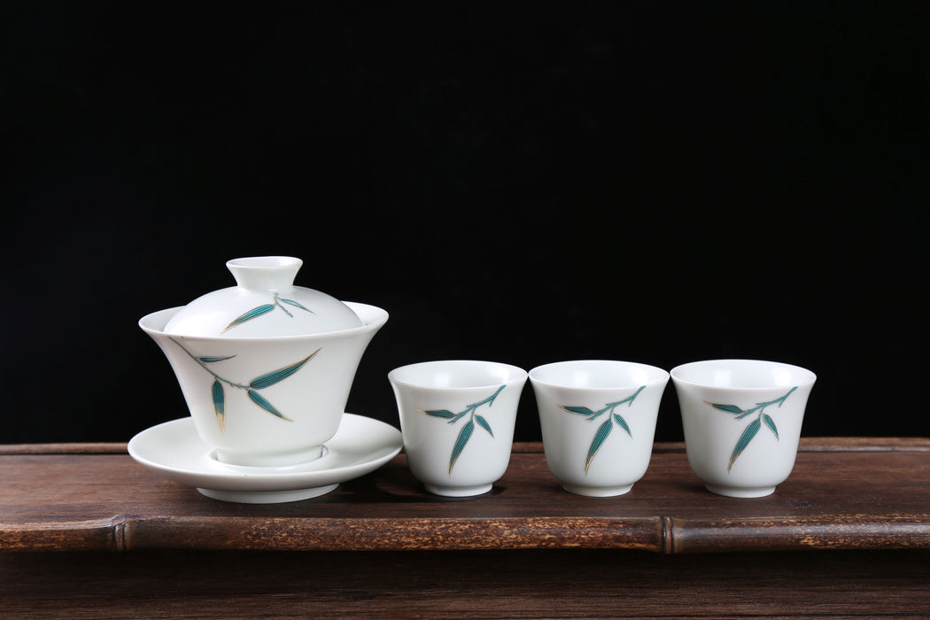 Blue Bamboo on White Porcelain Gaiwan and Cups