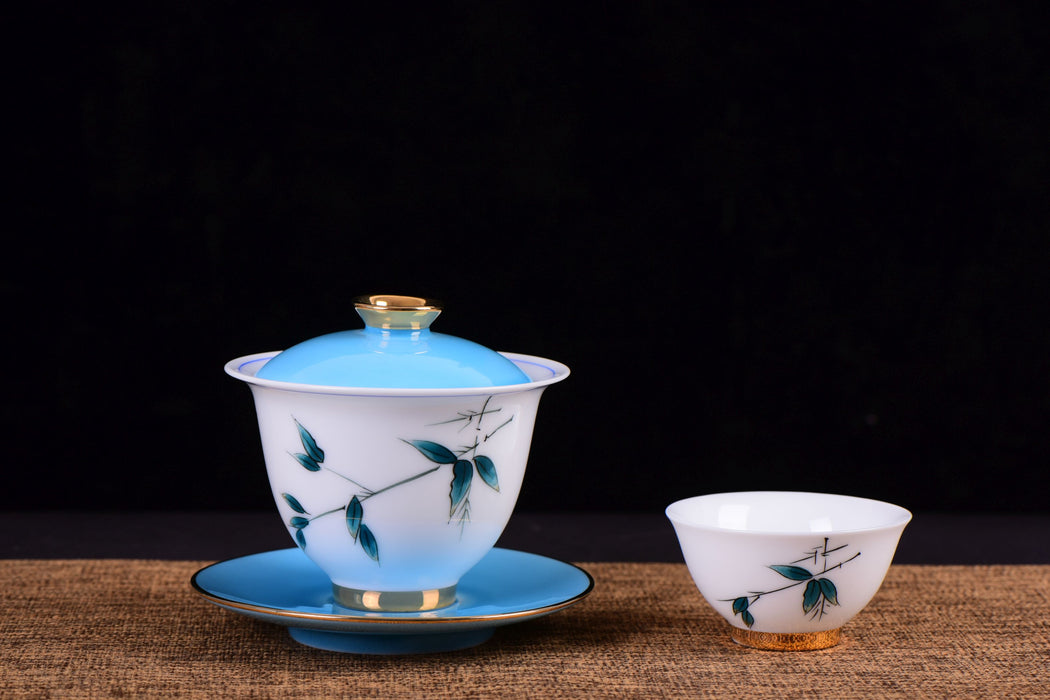 Traditional Chinese tea set, Jingdezhen handmade porcelain tea  cup, Gaiwan Kung Fu tea bowl with lid and plate -5oz/150ml (D4): Tea Sets