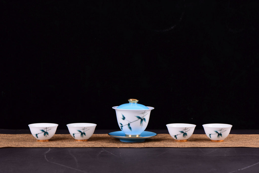 White Porcelain Blue Bamboo Hand-Painted Gaiwan and Tea Cups — Yunnan  Sourcing Tea Shop