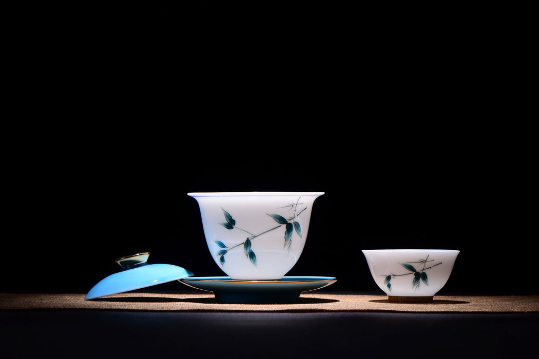 White Porcelain "Blue Bamboo" Hand-Painted Gaiwan and Tea Cups
