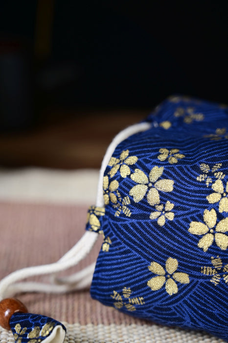 Gold Blossoms on Blue Fabric Teapot Cozy