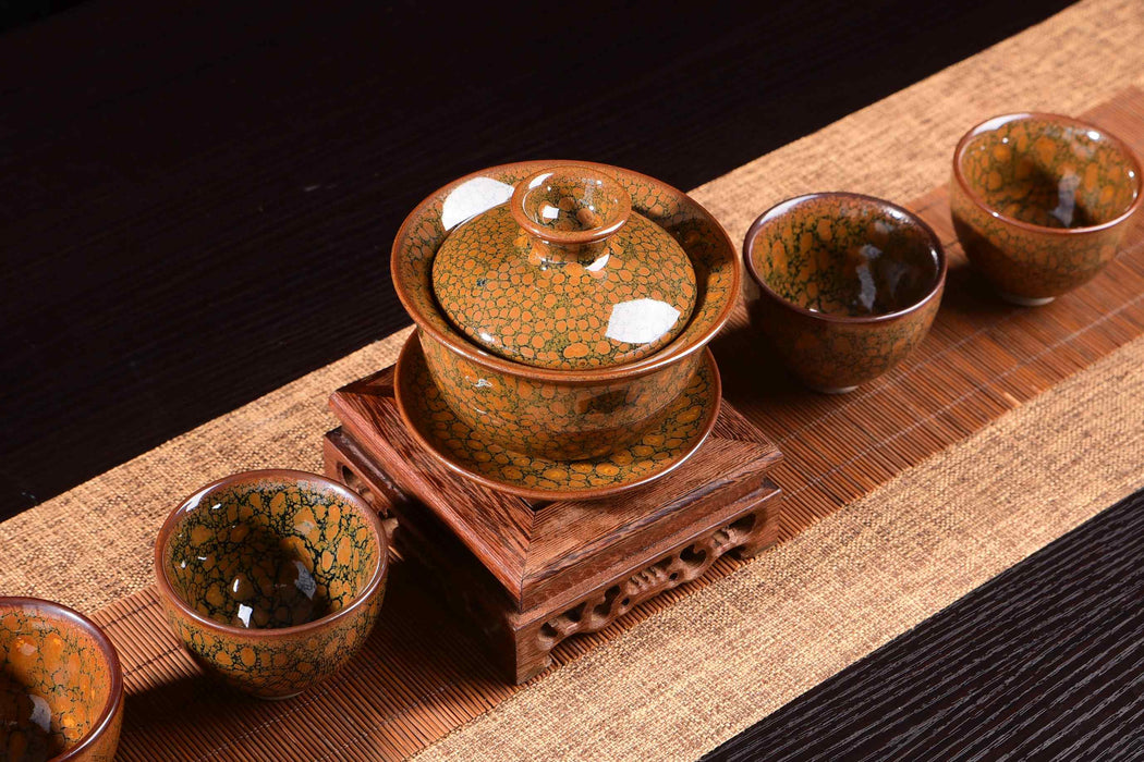 Jianzhan "Tortoise Shell" Hand-Made Stoneware Gaiwan and Cups
