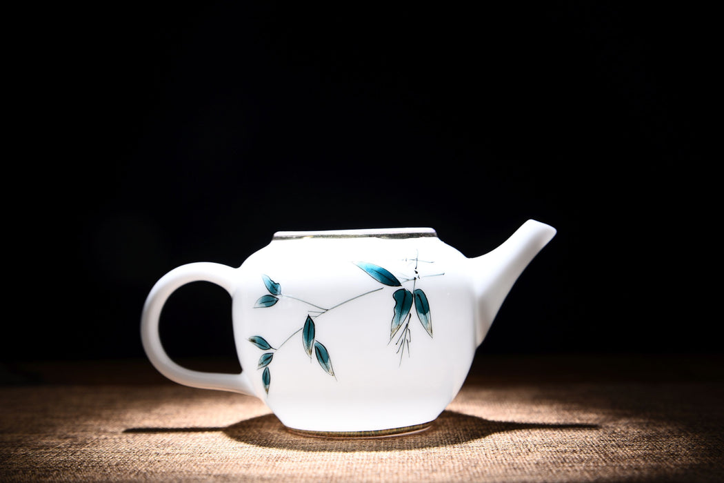 White Porcelain "Blue Bamboo" Hand-Painted Teapot