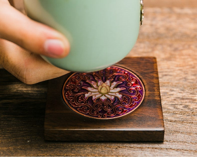 Cloisonné and Ebony Wood Coasters for Tea Cups