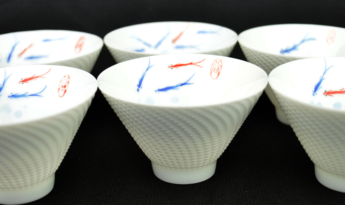 Beveled White Ceramic Cups with Goldfish * Set of 6